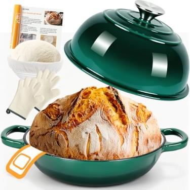 Imagem de AHJ Forno holandês de 6 litros para assar pão, panela de forno holandês de ferro fundido esmaltado com tampa, forma de pão multifuncional, suprimentos de cozimento de fermento com cesta de prova