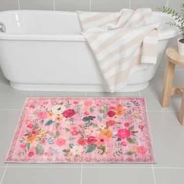 Imagem de Tapetes de área rosa 61 x 43 cm, tapete de entrada para decoração de casa, tapete de porta pequeno para banheiro, tapete de banheira floral ultrafino antiderrapante para pia, chuveiro, porta, banheira