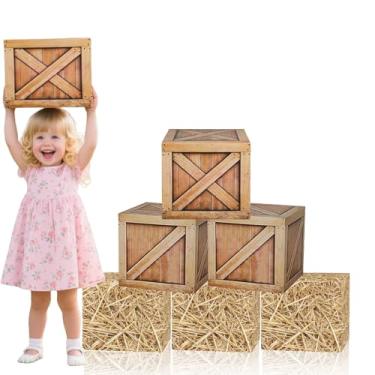 Imagem de Conjunto de 7 caixas de fardos de feno, decorações de festa caubói ocidental - decorações de festa de pirata, caixas de grãos de madeira ocidentais de fazenda rústica, adereços de cabine de fotos de