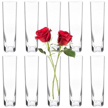 Imagem de Gdotmely 12 peças de vasos cilíndricos de vidro, pequenos vasos de vidro transparentes para centros de mesa, vaso de flores fino transparente de 19 cm para decoração de mesa de casamento, festa