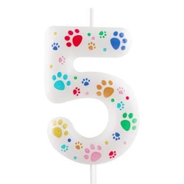 Imagem de Velas de aniversário com estampa de pata de cachorro – Número 5 velas brancas cobertas com estampas coloridas de patas para festas de aniversário de cães e celebrações de animais de estimação, 5 velas