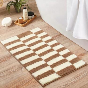Imagem de CoCreo Tapete de banheiro 51 x 81 cm, tapete de banho listrado creme marrom extra macio microfibra bege tapete de banho antiderrapante absorvente felpudo moderno lavável na máquina, capacho de secagem