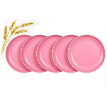 Imagem de ZQtyf Conjunto de 5 pratos de jantar de palha de trigo de 19 cm, seguro para lava-louças e micro-ondas, leve, inquebrável, reutilizável - perfeito para acampamento, piquenique, sem BPA (rosa claro)
