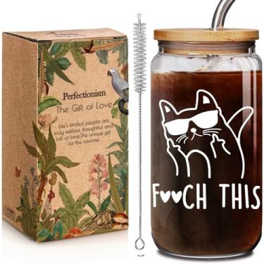 Imagem de Fetch This Cat Copos de vidro engraçados com tampas e canudos, presentes de gato para mulheres, caneca de gatos, copo de café gelado engraçado dono de animal de estimação, presente de resgate de