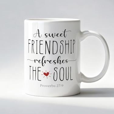 Imagem de LADOCK Caneca Christian Friendship, A Sweet Friendship Refreshes the Soul Caneca de café de cerâmica, presentes para amigas cristãs, Provérbios 27:9 Versículo da Bíblia Xícaras de chá de café 325 ml
