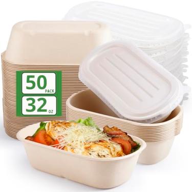 Imagem de Gdotmely Pacote com 50 recipientes descartáveis para preparação de refeições com tampas, tigelas de papel de 946 ml com tampas, tigelas de papel de fibra de cana-de-açúcar, recipientes compostáveis