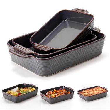 Imagem de Conjunto de 3 assadeiras de cerâmica, caçarola para forno, conjunto de utensílios quadrados de porcelana com alças, assadeira de lasanha para cozinhar, perfeita para assar e servir, inauguração de