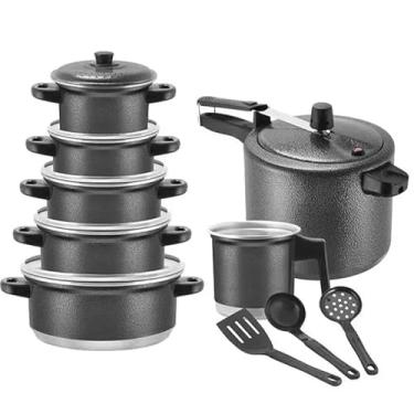 Imagem de Conjunto de Panelas em Alumínio Extra Forte, 10 Peças com Panela de Pressão 4,5L, Leiteira, Talheres, Preto