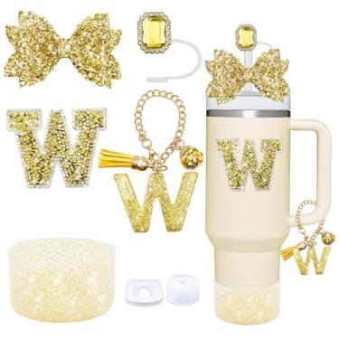 Imagem de Conjunto de acessórios de copo dourado de 7 peças para Stanley Cup 850 g/1,134 g, inclui tampa de canudo de joias, tampa à prova de derramamento, decorações de iniciais, pingente de alça, bota de