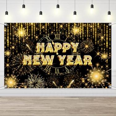 Imagem de AIBIIN Faixa fotográfica de Ano Novo 2026 Happy Nye 2026 em preto e dourado com faixa de fogos de artifício para decoração de festa 179 x 110 cm