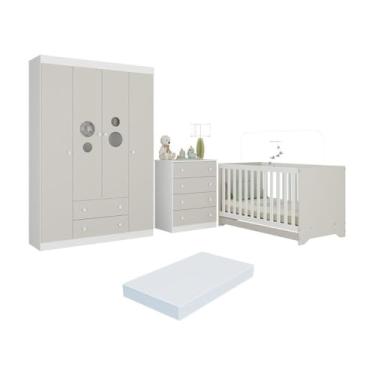 Imagem de Quarto de Bebê Completo Berço Americano 3 em 1 Colchão Pirulito Multimóveis Mp4633 Branco/off White