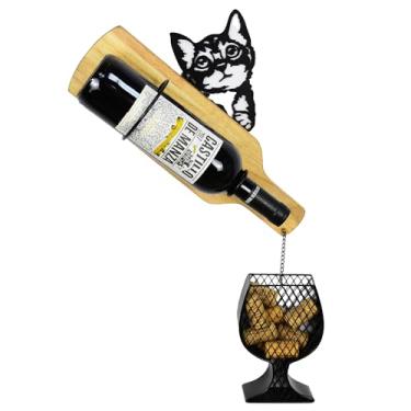 Imagem de Drincarier Rack de vinho para gatos montado na parede com suporte de cortiça, comporta 1 garrafa e algumas rolhas, rack de vinho criativo de parede de metal e madeira com suporte de cortiça de vinho