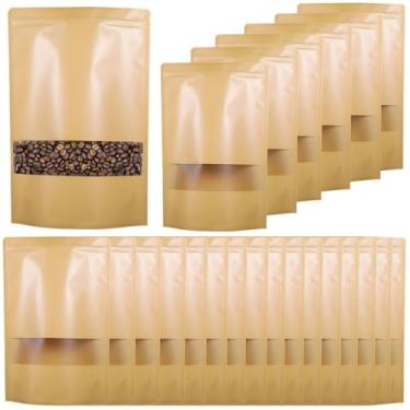 Imagem de Sacos de embalagem de papel Kraft 300 quilates com visão fosca clara, vedação de zíper, base de pé, para lanches de varejo e adesivos de marca