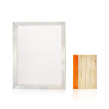 Imagem de Worown Moldura de serigrafia de alumínio de 20 x 25 cm com malha branca 110 e incluindo rodo de serigrafia de madeira de 10 x 15 cm