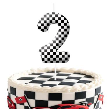 Imagem de Velas de aniversário número 2 de carros de corrida, preto e branco, com tema de bandeira quadriculada para meninos e meninas, decorações de bolo para aniversários, suprimentos de festa com tema de
