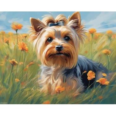 Imagem de XTXGERL Pintura a óleo faça você mesmo por números para iniciantes Yorkshire terrier pintura por números pintura a óleo tela para decoração de casa, presente, 40 x 50 cm, sem moldura