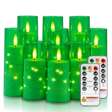 Imagem de Raycare Vela sem chama com temporizador remoto – 9 velas de pilar LED cintilantes de acrílico operadas por bateria com cordão de estrela embutido para o Natal, decoração de casa e como presente (verde
