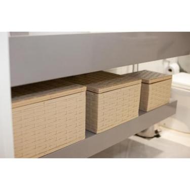 Imagem de Kit Baús Organizadores em Fibra Sintética P/M/G Multiuso Artesanal com Tampa – Cestos Decorativos para Quarto, Sala e Banheiro(CAPPUCCINO)