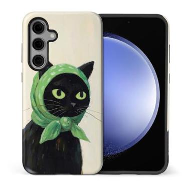 Imagem de CARLOCA Compatível com Samsung Galaxy S23 FE Capa protetora de corpo inteiro brilhante para menina menino à prova de choque estampa estética bonito desenho animado preto gato verde cachecol