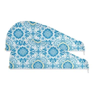 Imagem de SEHANY Bohemia Toalha de cabelo de microfibra flor azul para mulheres 2 peças turbantes de cabelo de secagem rápida com botão, touca de cabelo seco absorvente toalha de secagem de cabelo para cabelos