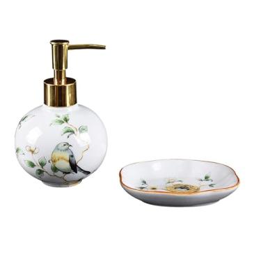 Imagem de Dispensador de sabão Conjunto criativo de banheiro em cerâmica com duas peças, incluindo dispenser sabonete e saboneteira(Branco)