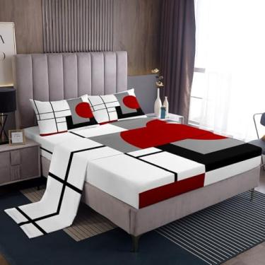 Imagem de Erosebridal Jogo de lençol Queen listrado geométrico moderno, geométrico, geométrico, geométrico, listrado, linhas geométricas, linhas minimalistas, quadradas e circulares, lençol com elástico