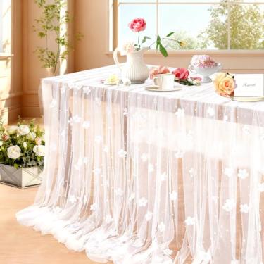 Imagem de letsinstyle Toalha de mesa de tule pérola branca de 1,8 m x 1,88 m, caminho de mesa de tecido de tule floral com contas para decoração de mesa de casamento arco festa de aniversário véu de coração
