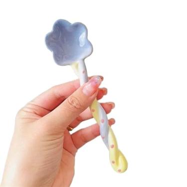 Imagem de Concha de sopa Colher de sobremesa cabo longo cerâmica alta aparência colher criativa doméstica fofa para beber(Blue)