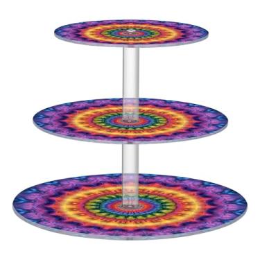 Imagem de CEBUGI Suporte de cupcake de 3 camadas, padrão tie-dye, suporte redondo para bolo, torre, bandeja de servir em camadas de acrílico para chá, chá de bebê, casamento e mais