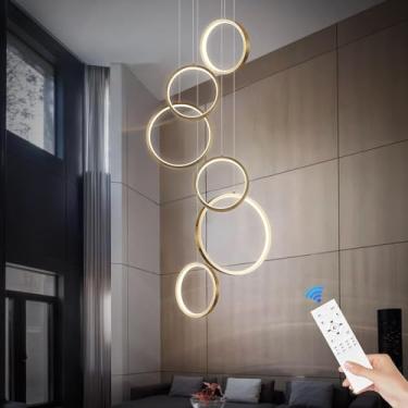 Imagem de Lustre moderno de LED com 6 anéis, dourado, luminária pendente de altura ajustável, dimerizável, para hall de entrada (250 cm, 3000 K-6500 K)
