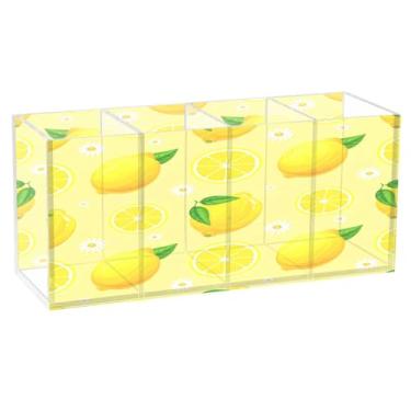 Imagem de CEBUGI Porta-lápis de acrílico com 4 compartimentos, organizador de lápis amarelo, limões e margaridas brancas, suporte de pincel de maquiagem para escritório doméstico