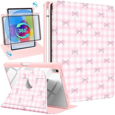 Imagem de Uppuppy Capa para iPad mini 7 (A17 Pro) para iPad mini 6ª geração – Capa inteligente com suporte giratório 360 com suporte para lápis para mulheres, laço rosa xadrez para Apple Tablet Mini 21.1 cm