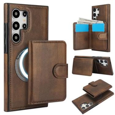 Imagem de Para Samsung Galaxy S24 Carteira ultra destacável compatível com Magsafe capa de carregamento sem fio com suporte para cartão, compartimento para dinheiro, suporte 2 em 1 à prova de choque (marrom)