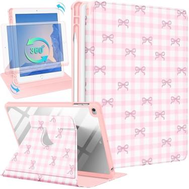 Imagem de Uppuppy Capa para iPad 5ª/6ª geração para iPad Air 1ª/Air 2ª/Pro 9,7 polegadas 2016 – Capa inteligente com suporte giratório 360 com suporte para lápis para mulheres e meninas, laço rosa quadriculado