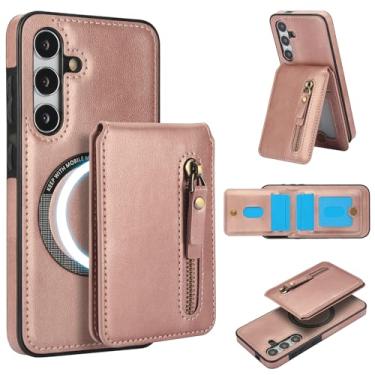 Imagem de Carteira destacável compatível com carregamento sem fio Magsafe para Samsung Galaxy A26 5G capa com suporte para cartão, bolso com zíper, suporte 2 em 1 à prova de choque (ouro rosa)