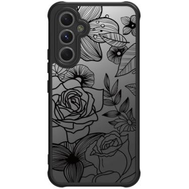 Imagem de Dumkery Linda capa de telefone compatível com Samsung Galaxy A54 5G, estampa de padrão floral rosa com arte de linha preta estética em policarbonato rígido translúcido, antiarranhões, capa de proteção