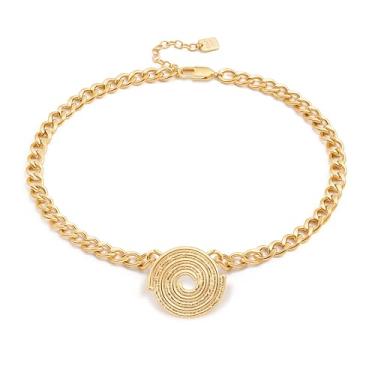 Imagem de Aobei Pearl Colar com pingente de moeda de disco com padrão espiral, banhado a ouro 18 K, corrente cubana, grossa, gargantilha de elos grossos, joia para mulheres, 40,6 cm