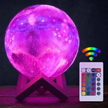 Imagem de Lâmpada Galaxy, lua noturna LED 15 cm - 16 cores, 4 modos de lua hipnotizante globo de luz noturna com toque e controle remoto, suporte de madeira, carregamento USB - Luz noturna LED impressa em 3D