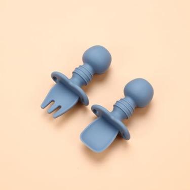 Imagem de Conjunto de utensílios de alça curta – Conjunto de garfo e colher de silicone reutilizável, utensílios de mesa compactos para refeições