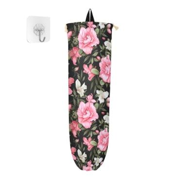 Imagem de Pacote com 2 suportes para sacolas plásticas florais com flores cor-de-rosa em preto, organizador de sacola de supermercado, bolsa organizadora de parede