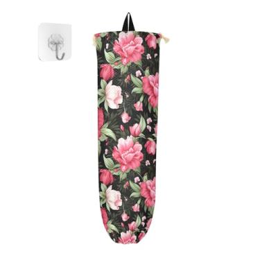 Imagem de Flores rosa e verdes na parede de dispensador de sacolas de supermercado pretas, suportes de plástico para sacolas de supermercado, protetor de saco para sacolas plásticas de mercearia