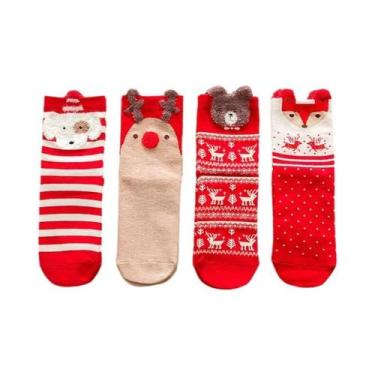 Imagem de Meias Femininas Festivas Vermelhas Com Rena, Cano Médio, 4 Pares, Desi