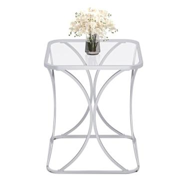 Imagem de CAFOM Mesa de canto quadrada de 50 cm com tampo de vidro temperado, moldura de metal elegante em forma de X, mesa de centro de sala de estar, mesa lateral de sofá, mesas de destaque para espaços