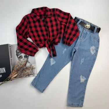 Imagem de Conjunto Country Infantil Camisa Xadrez Calça Jeans Feminina Novidade 