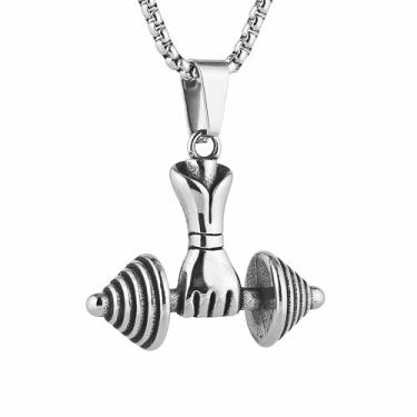 Imagem de STWTR Colar masculino com halteres de aço inoxidável, pingente de fitness, corrente de aço inoxidável, joias modernas para entusiastas de fitness, Aço inoxidável, Sem Pedra Preciosa