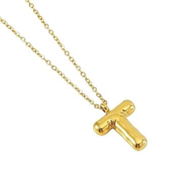 Imagem de Colar de Letra Bolha Personalizado para Mulheres, Colar Inicial Banhado a Ouro 18K com Corrente Cruzada em Aço Inoxidável, 45 cm, 26 Letras, Jóia de Moda e Presente Estiloso (dourado,T)