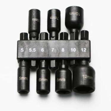 Imagem de TMAX Conjunto de porcas métrico magnético, 7 peças, 5 mm a 12 mm, unidade métrica de impacto, porca sextavada, kit mestre com haste sextavada de 1/10.2 cm