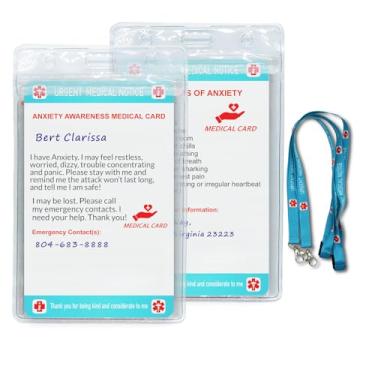 Imagem de Cartão médico de conscientização de ansiedade com painel gravável e cordão padronizado cartão de contato de emergência
