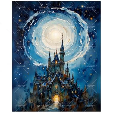 Imagem de Kit de pintura de castelo de fantasia por números para adultos - Castelo encantado DIY e pintura de céu estrelado em tela 40,6 x 50,8 cm, conjunto de tinta acrílica, adequado para iniciantes, arte