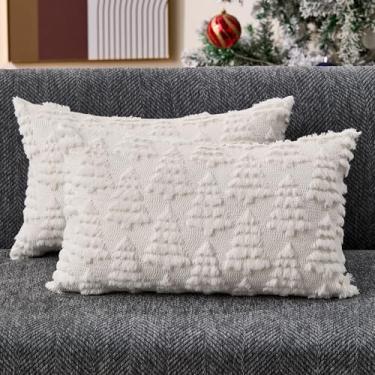 Imagem de Allorry Capas de almofada de Natal 30,5 x 50,8 cm, conjunto de 2 capas de almofada de árvore de Natal brancas creme de pelúcia para decoração de sofá de inverno, Natal, férias, casa, quarto, decoração